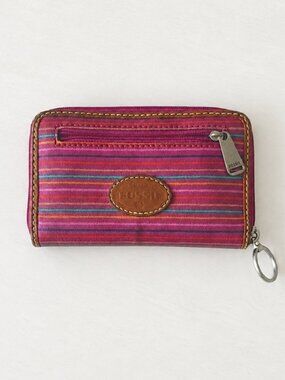 Fossil Striped Wallet Medium Sz Zip Around Pink Blue